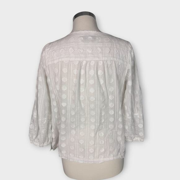 LOFT Small White Blouse 3/4 Sleeve Tie Neck Tassels Hobnail Pattern 100% Cotton - Picture 4 of 7